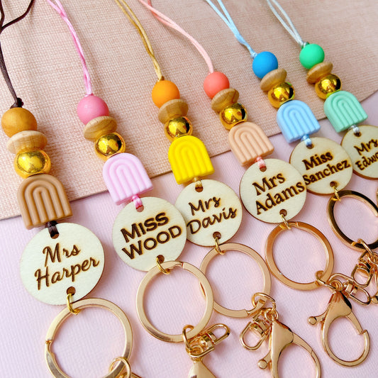 Boho Rainbow Personalized Name Teacher ID Key Lanyard
