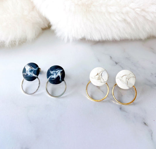 Black Marble & Silver Round Hoop Minimalist Earrings