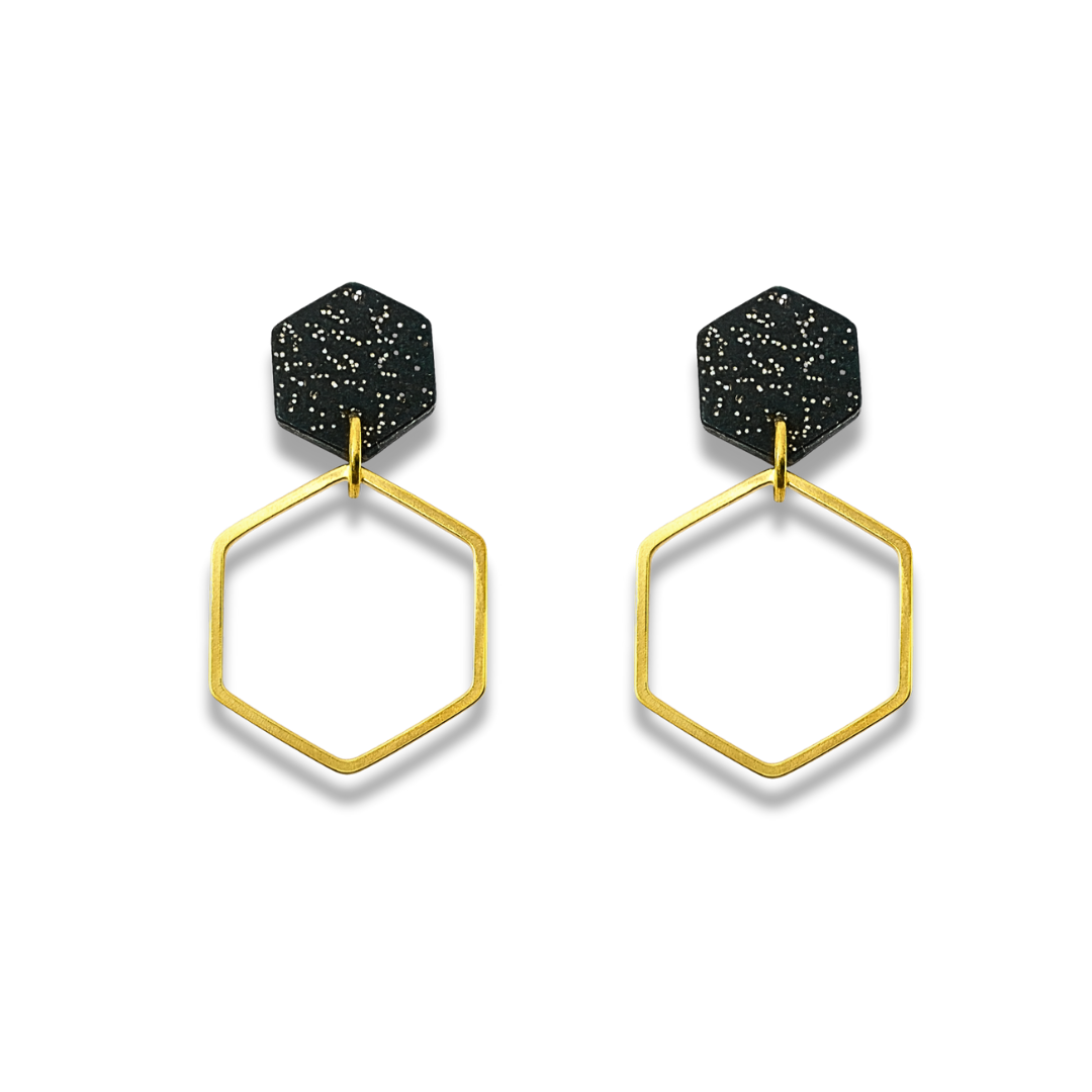 Grey Stone and Silver Hexagon Double Drop Earrings – Minimalist Geometric Collection