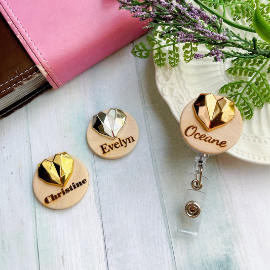 3D Golden Metallic Diamond Heart Personalized Name Badge Reel