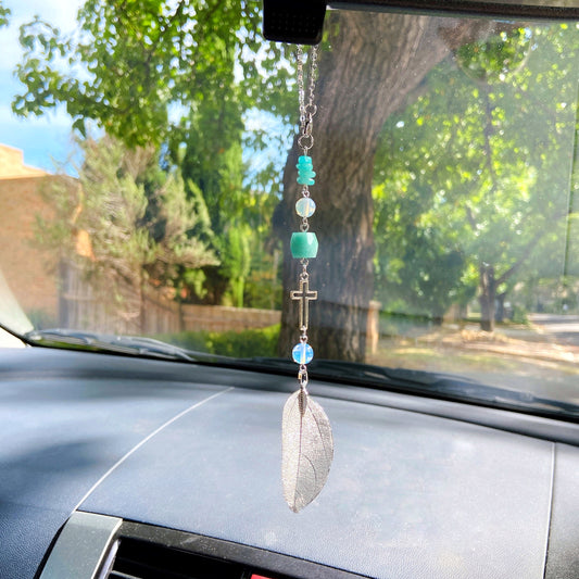 Amazonite with Metal Leaf Pendant Beaded Hanging Cross Car Charm