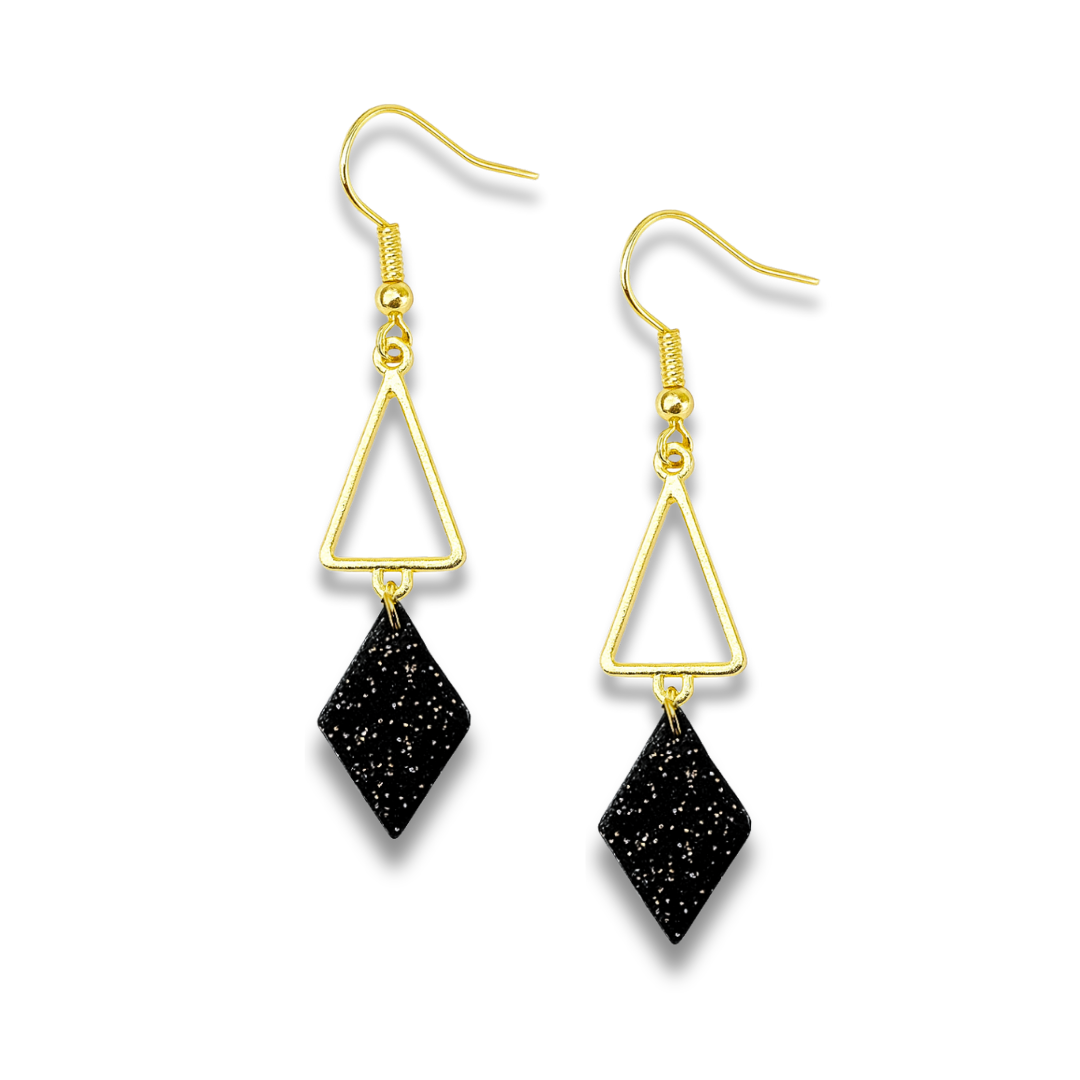 White Stone Polymer Clay with Golden Geometric Triangle Dangle Earrings