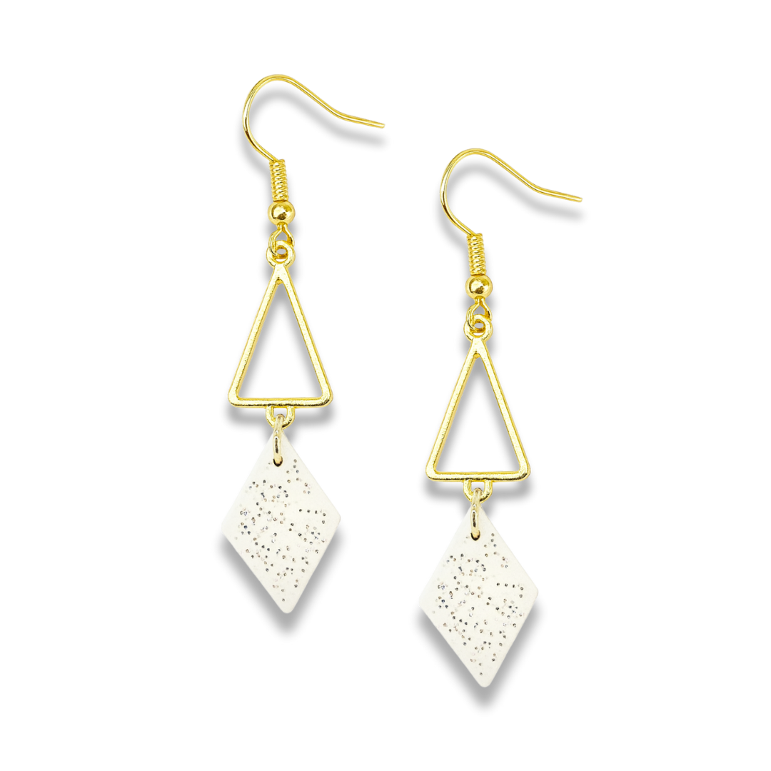 Glitter Pearl Polymer Clay with Golden Geometric Triangle Dangle Earrings