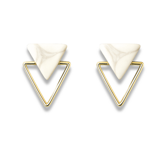 White Marble & Gold Frame Triangle Minimalist Earrings