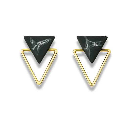 Black Marble & Gold Frame Triangle Minimalist Earrings