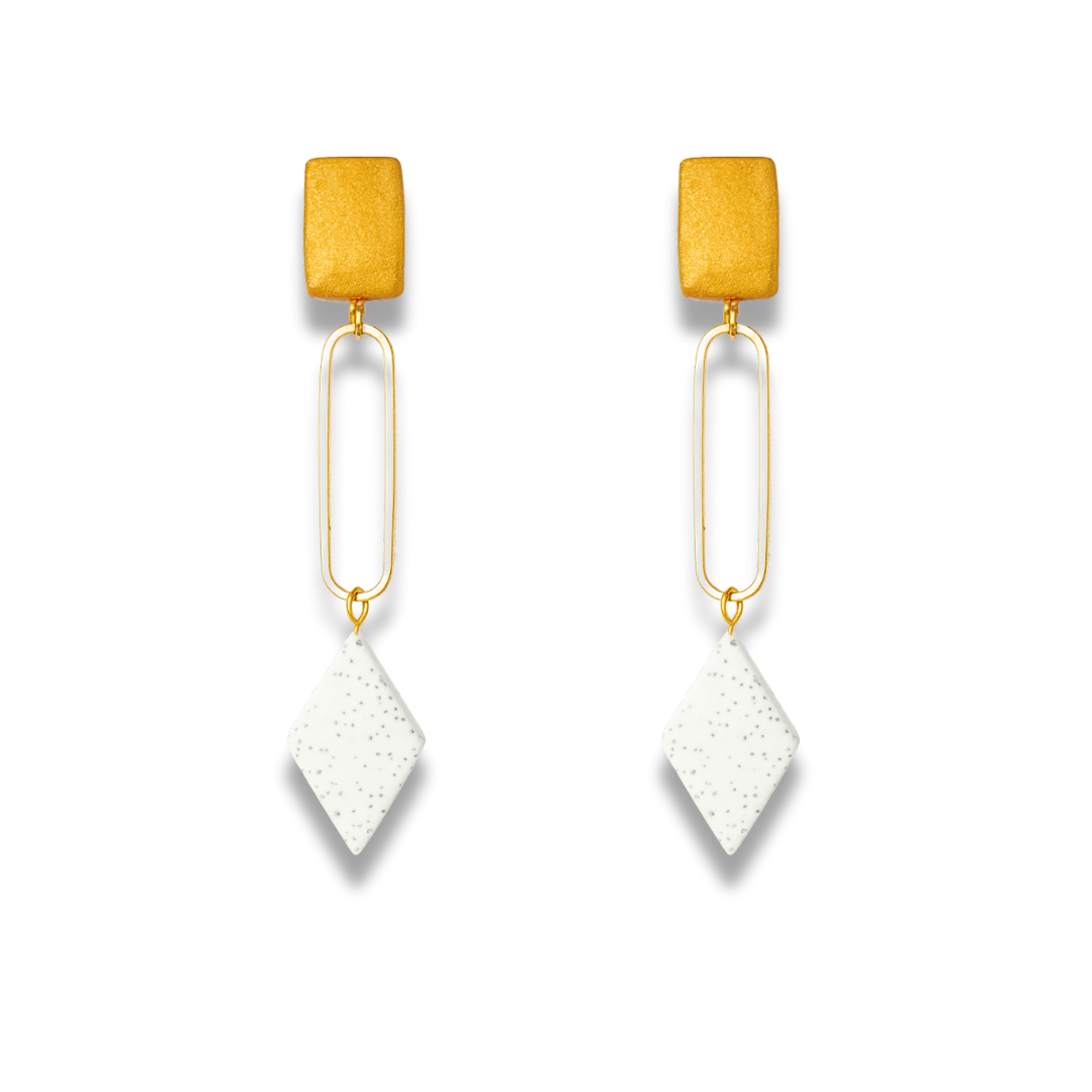 Geometric Gold & White Diamond Polymer Clay Earrings