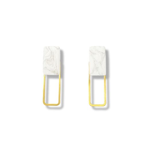 Marble Clay with Gold Rectangle Frame Stud Earrings
