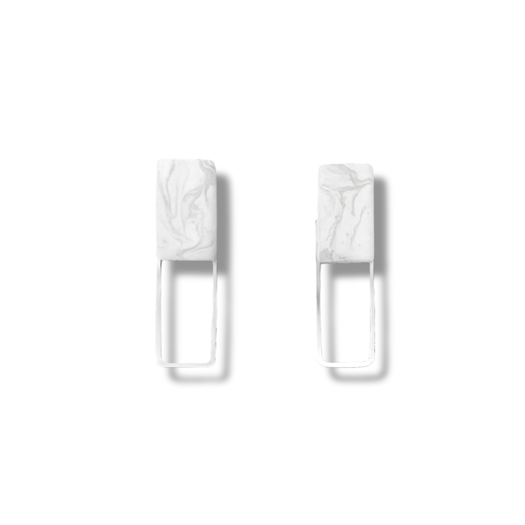 Marble Clay with Silver Rectangle Frame Stud Earrings