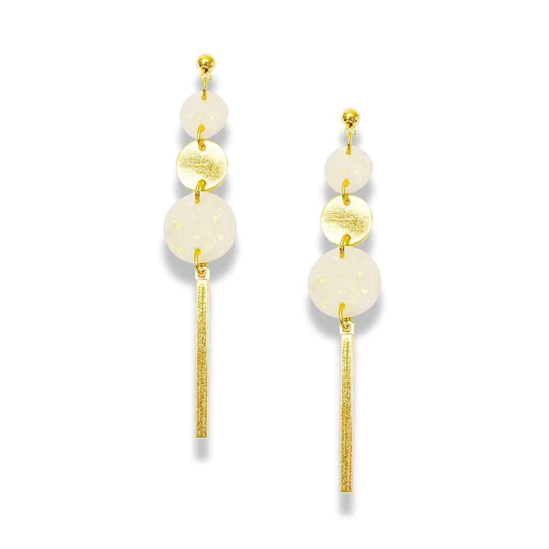 Silver and White Stone Triple Circle Bar Dangle Earrings