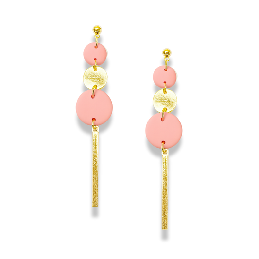 Gold and Pink Triple Circle Bar Dangle Earrings