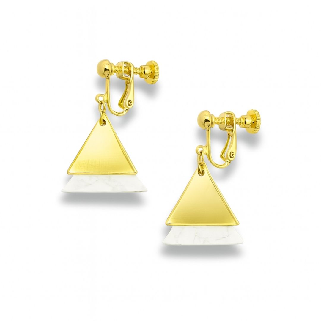 White Marble With Golden Dual Triangle Polymer Clay Earrings