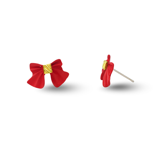 Red Ribbon Bow Painted Metal Hypoallergenic Stud Earrings