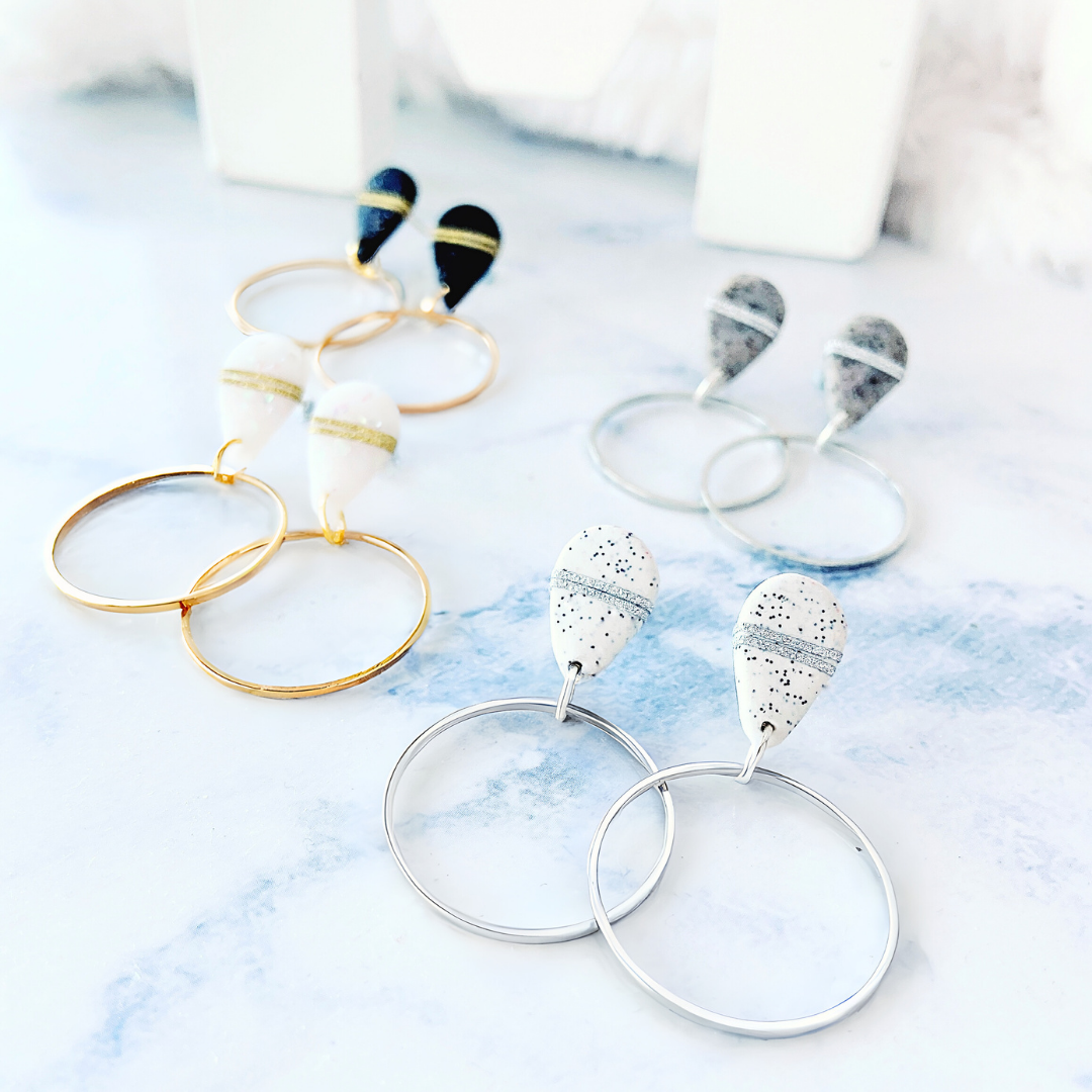 White Stone Speckled Teardrop Clay Earrings with Silver Metallic Hoops