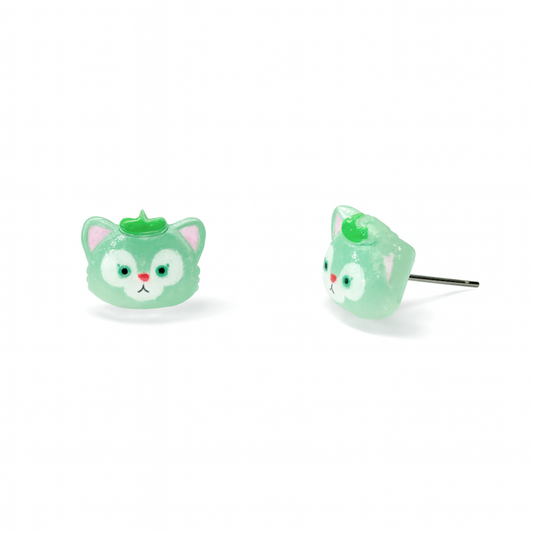 Green Cat Duffy and Friends Inspired Glitter Crystal Jelly Hypoallergenic Stud Earrings
