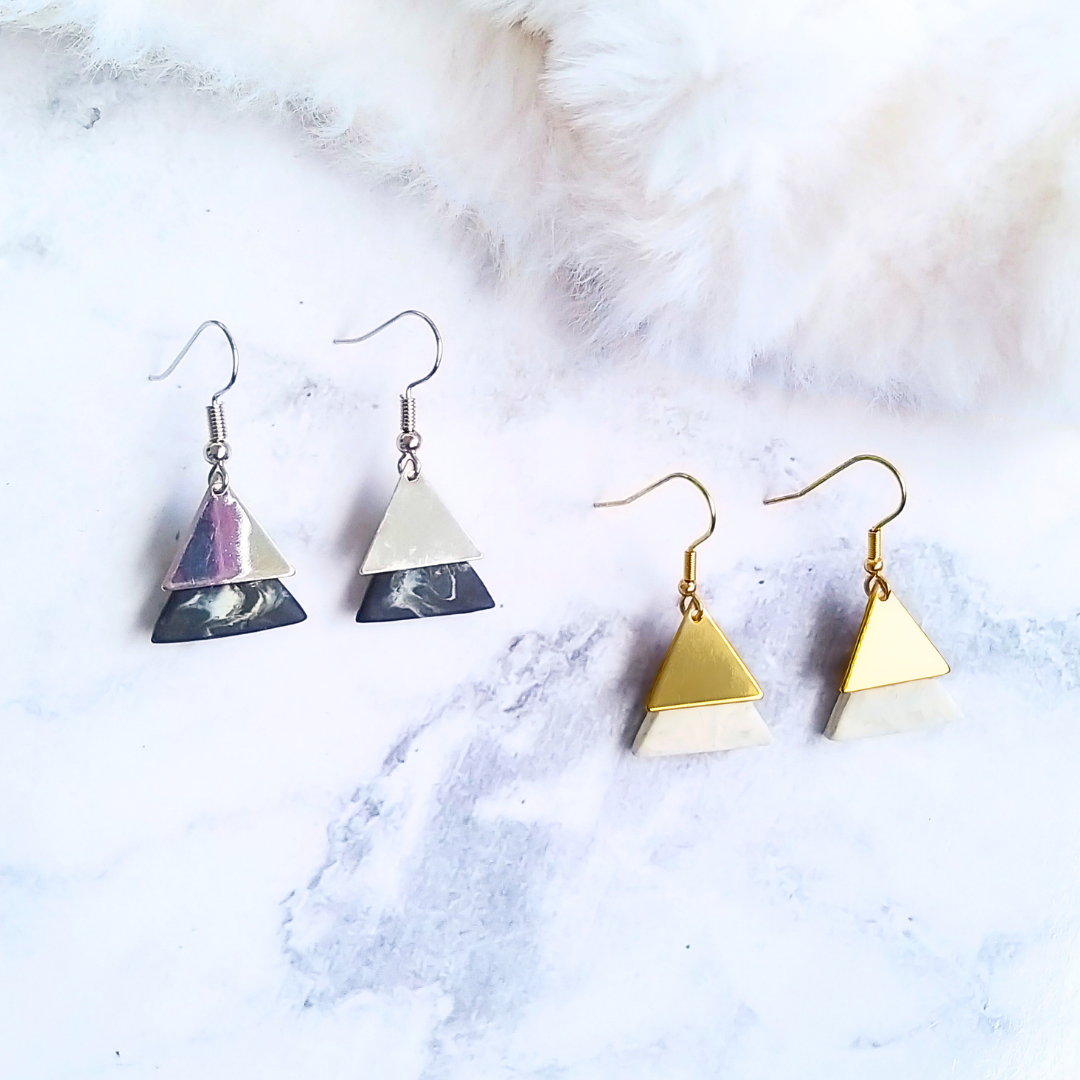 White Marble With Golden Dual Triangle Polymer Clay Earrings