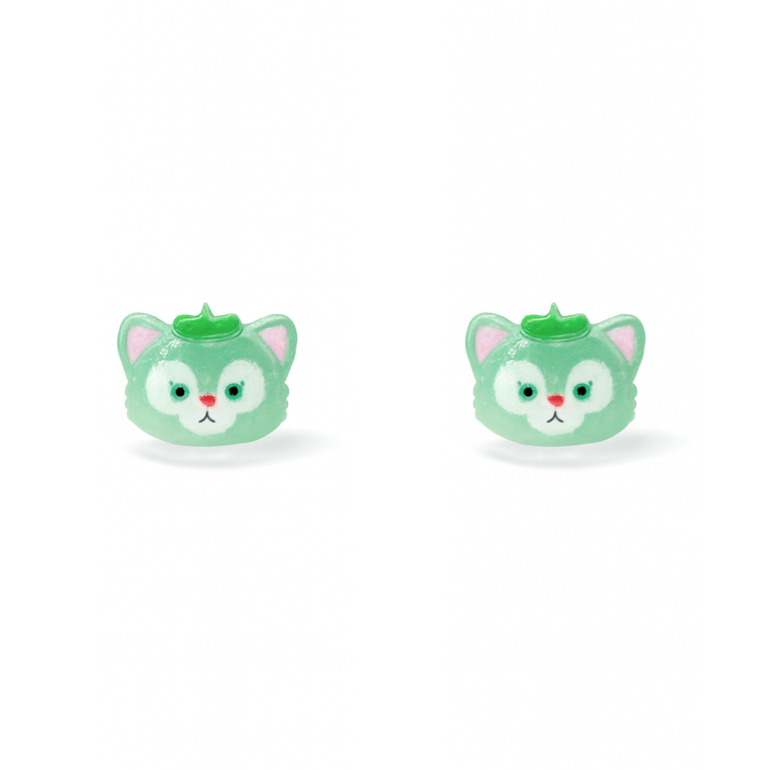 Green Cat Duffy and Friends Inspired Glitter Crystal Jelly Hypoallergenic Stud Earrings