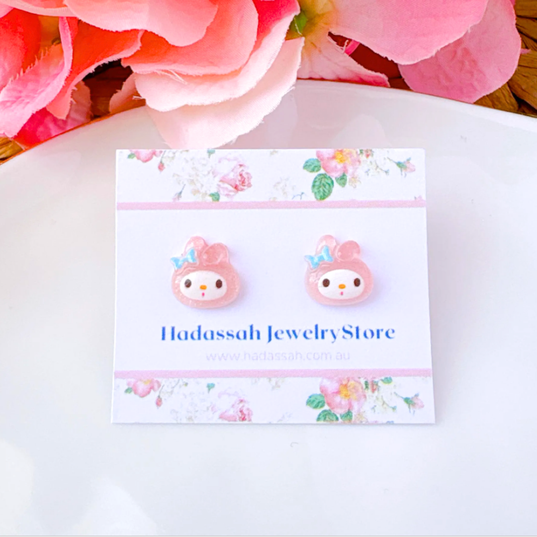 Peach Pink Glitter Crystal Jelly My Melody Inspired Hypoallergenic Stud Earrings