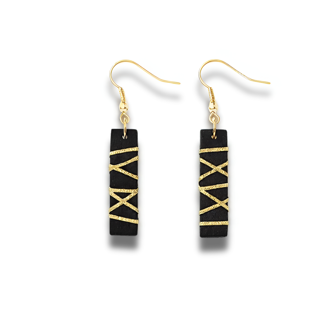 Rectangle Black Polymer Clay Dangle Earrings with Gold Glitter Line Design