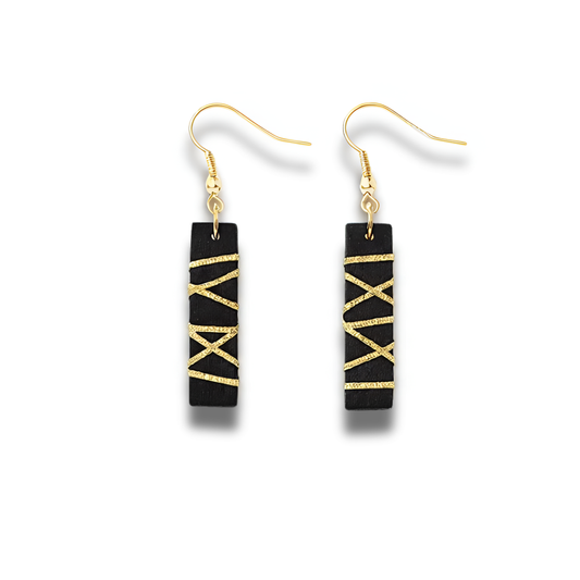 Rectangle Black Polymer Clay Dangle Earrings with Gold Glitter Line Design