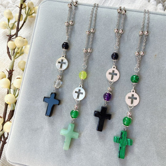 Natural Stone Cross Beaded Hanging Car Charm - Aventurine, Malachite, Onyx, Sandstone