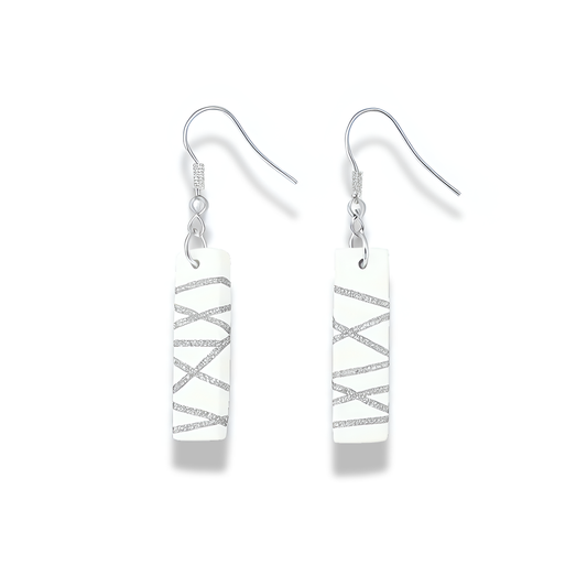 Rectangle White Polymer Clay Dangle Earrings with Silver Glitter Line Design