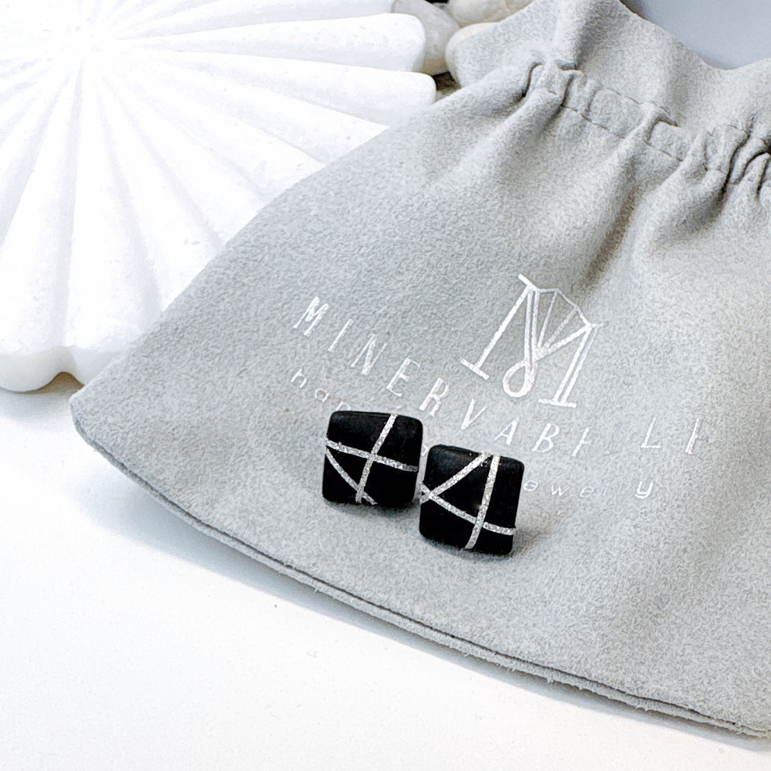 Black Square Stud Earrings with Silver Glitter Line Design
