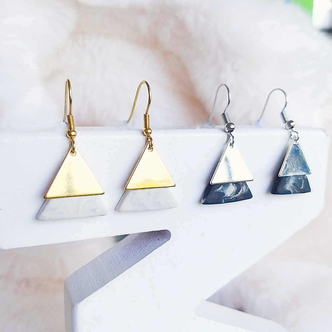 White Marble With Golden Dual Triangle Polymer Clay Earrings