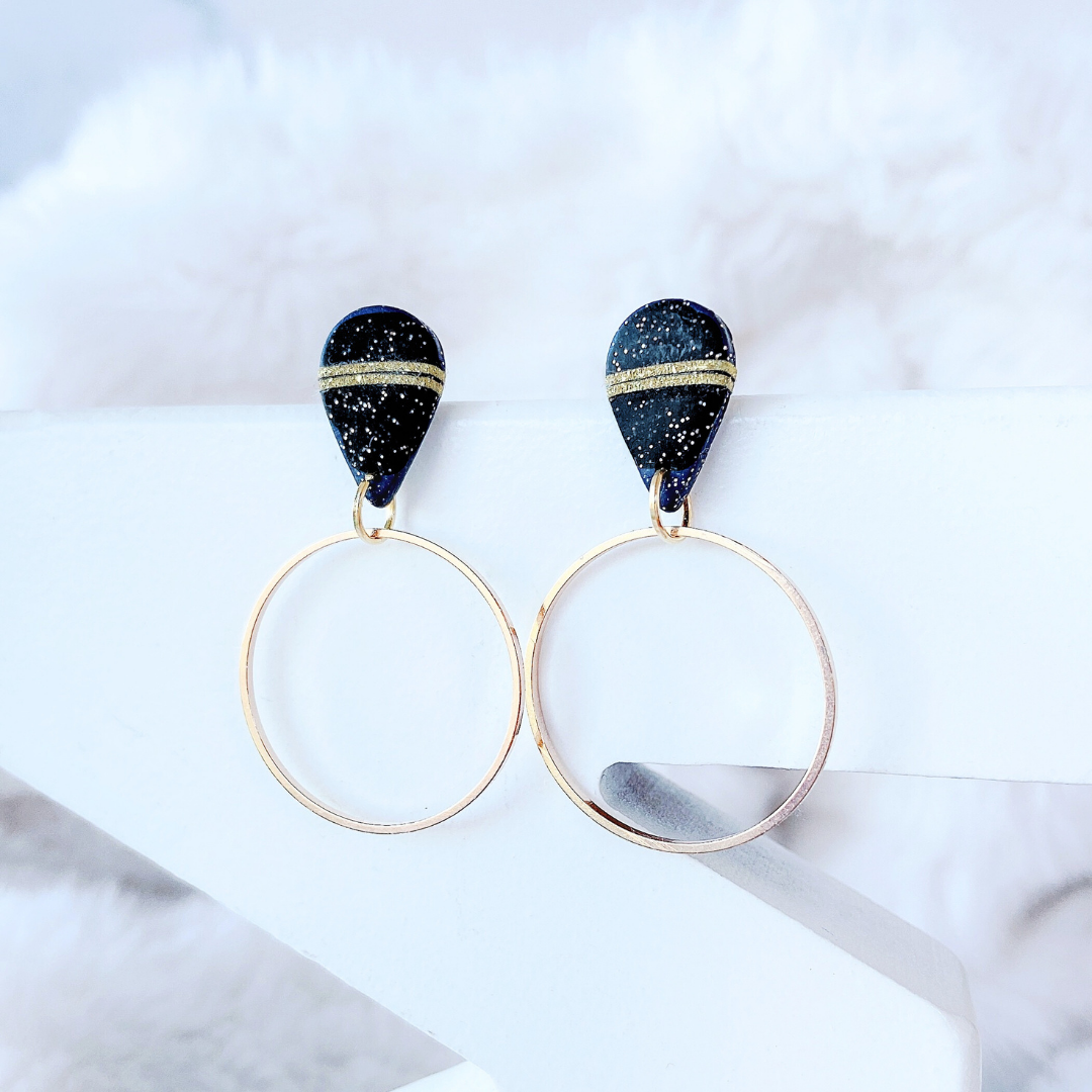 White Stone Speckled Teardrop Clay Earrings with Silver Metallic Hoops