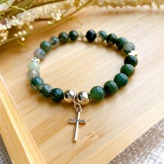 Ocean Grass Agate Faith & Calm Gemstone Cross Bracelet