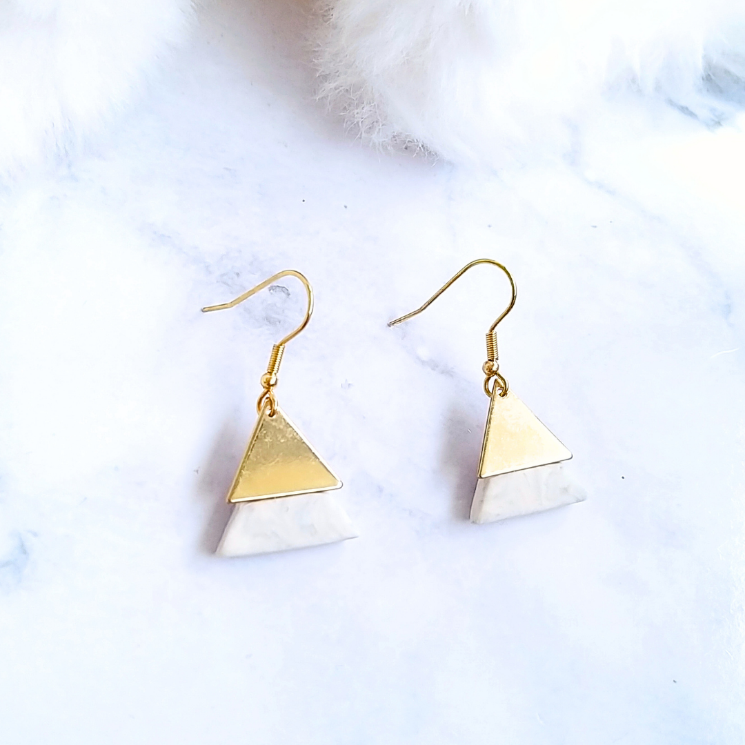 White Marble With Golden Dual Triangle Polymer Clay Earrings