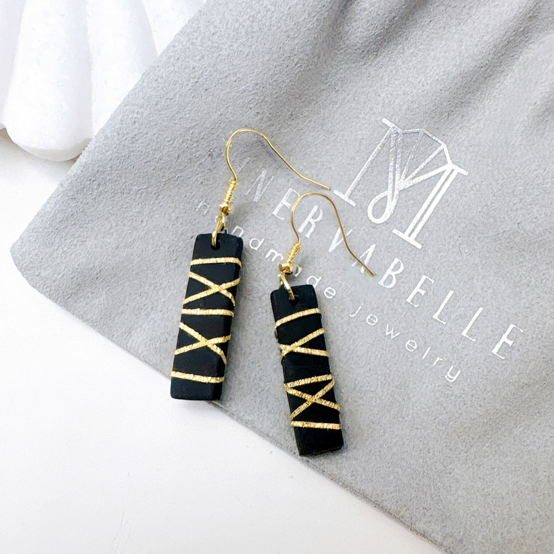 Rectangle Black Polymer Clay Dangle Earrings with Gold Glitter Line Design