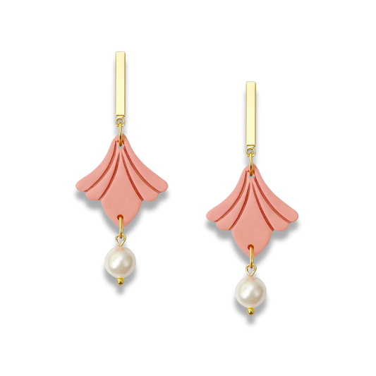 Coral Pink Ginkgo Petal Earrings with Freshwater Pearl – Elegant Collection