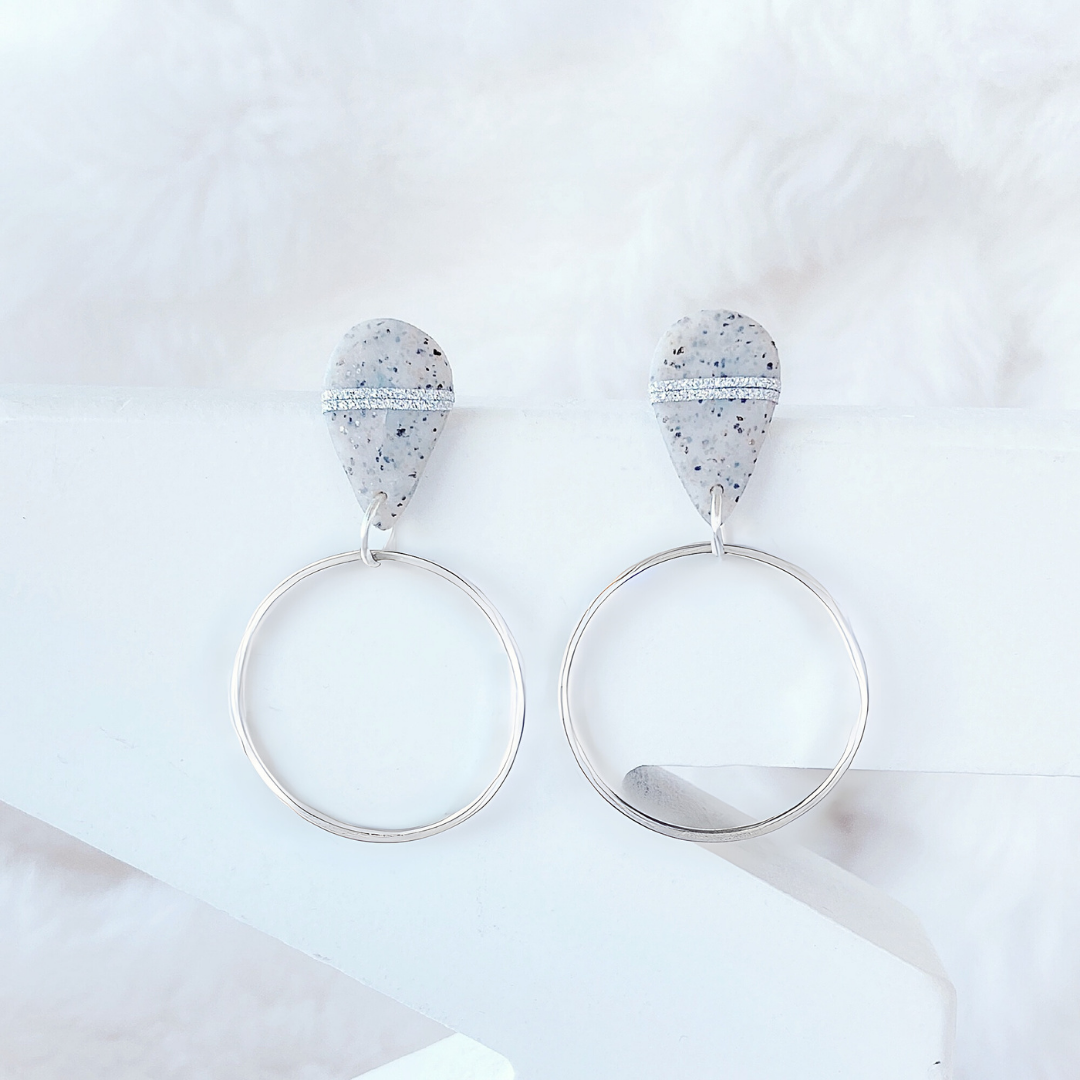 White Stone Speckled Teardrop Clay Earrings with Silver Metallic Hoops