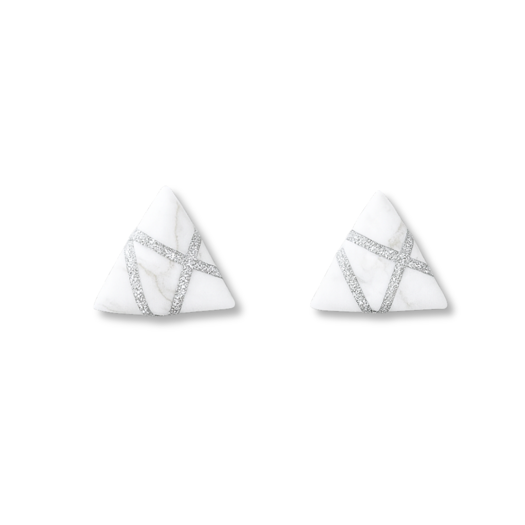 Black Polymer Clay Triangle Stud Earrings with Gold Glitter Line Design