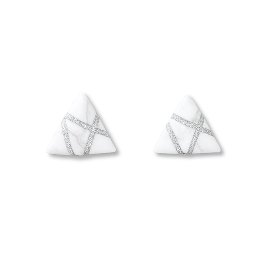 Marble White Polymer Clay Triangle Stud Earrings with Silver Glitter Line Design