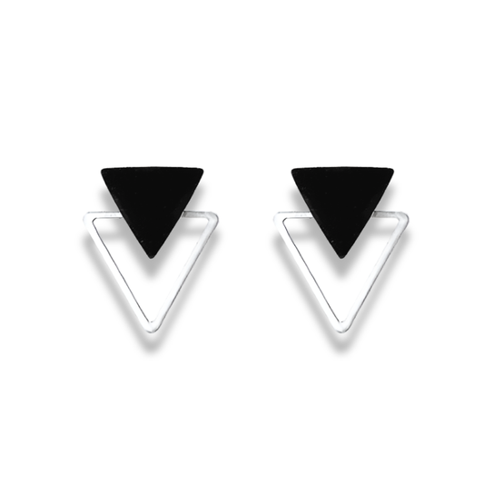Black & Silver Triangle Dual-Layer Stud Earrings – Geometric Minimalist Collection