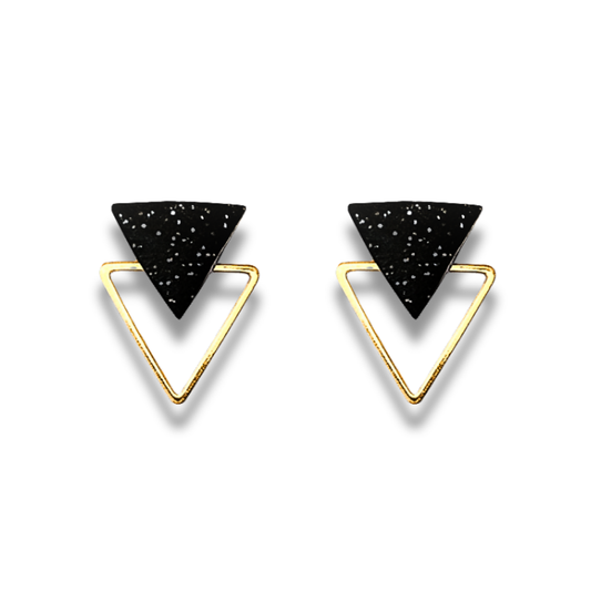Glitter Black and Gold Triangle Dual-Layer Stud Earrings – Geometric Minimalist Collection