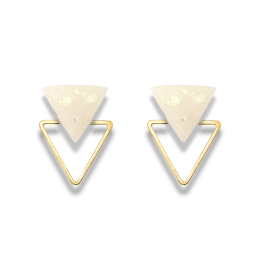 Glitter Pearl & Gold Triangle Dual-Layer Stud Earrings – Geometric Minimalist Collection