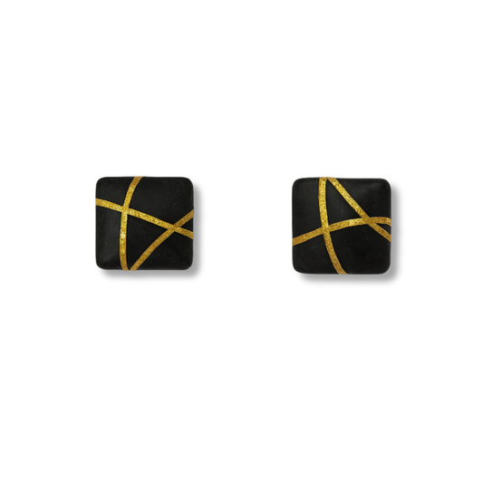 Black Square Stud Earrings with Golden Glitter Line Design