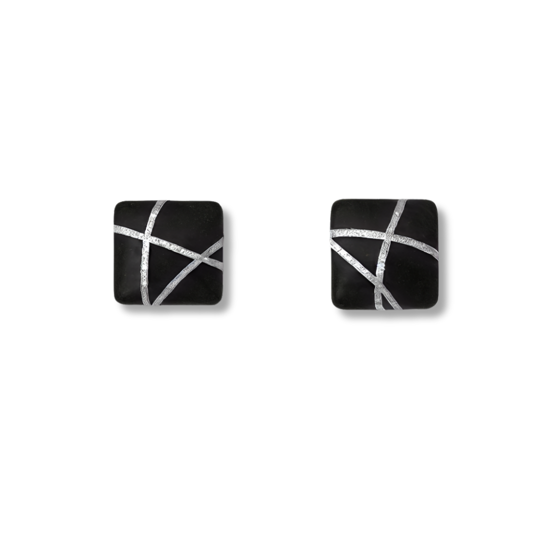 Black Square Stud Earrings with Silver Glitter Line Design