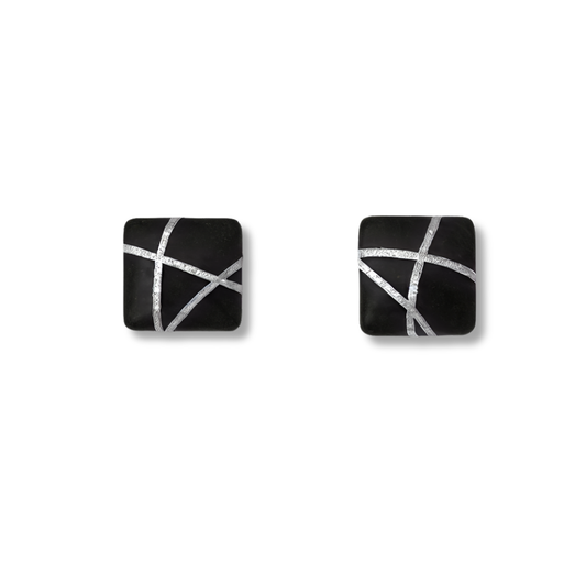 Black Square Stud Earrings with Silver Glitter Line Design