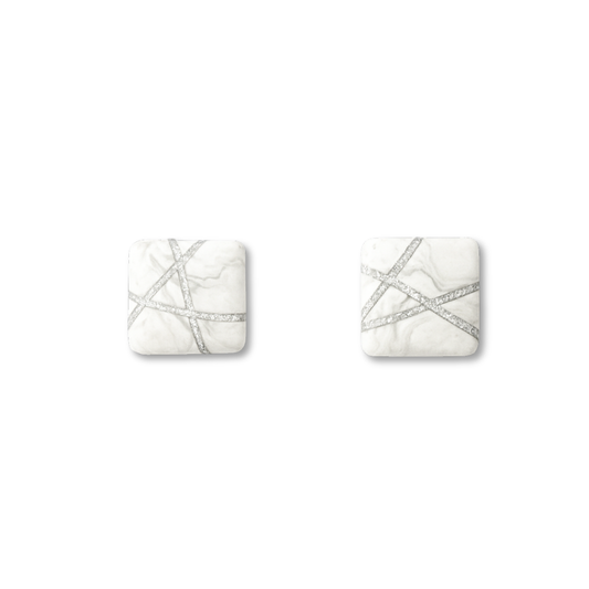 Marble Square Stud Earrings with Silver Glitter Line Design