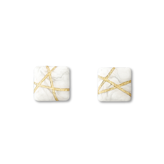 Marble Square Stud Earrings with Gold Glitter Line Design