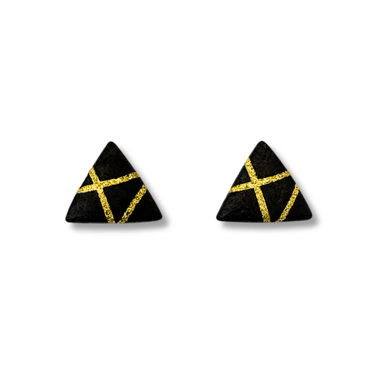 Black Polymer Clay Triangle Stud Earrings with Gold Glitter Line Design