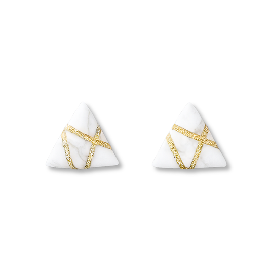 Marble White Polymer Clay Triangle Stud Earrings with Golden Glitter Line Design