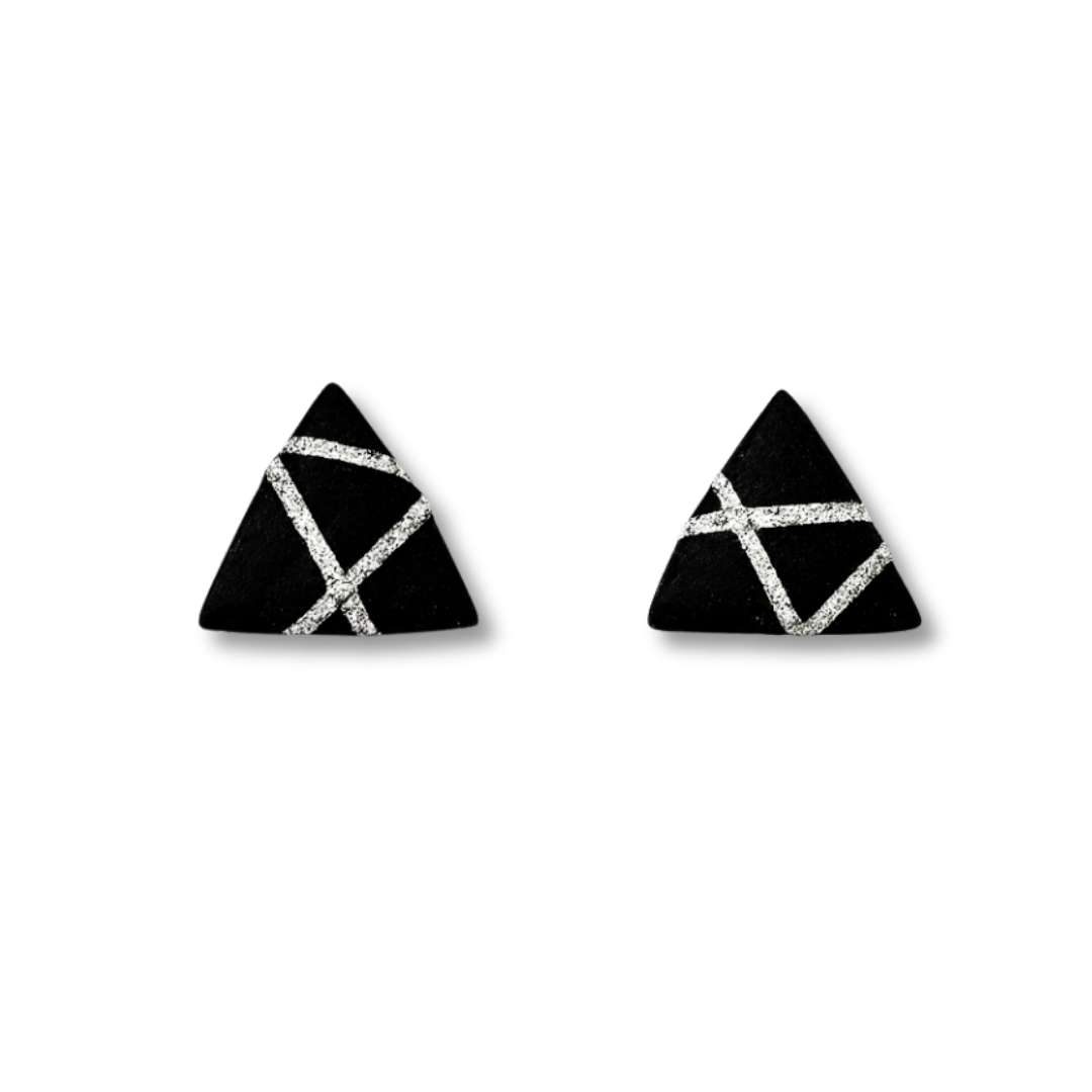 Black Polymer Clay Triangle Stud Earrings with Gold Glitter Line Design