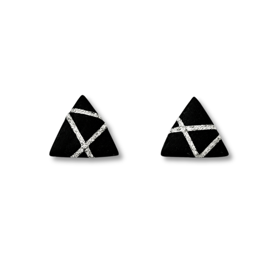 Black Polymer Clay Triangle Stud Earrings with Silver Glitter Line Design