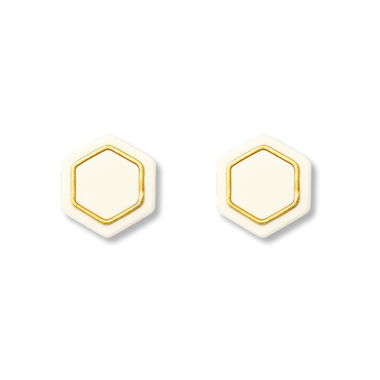 Ivory White Hexagon Stud Earrings – Metallic Accent Collection