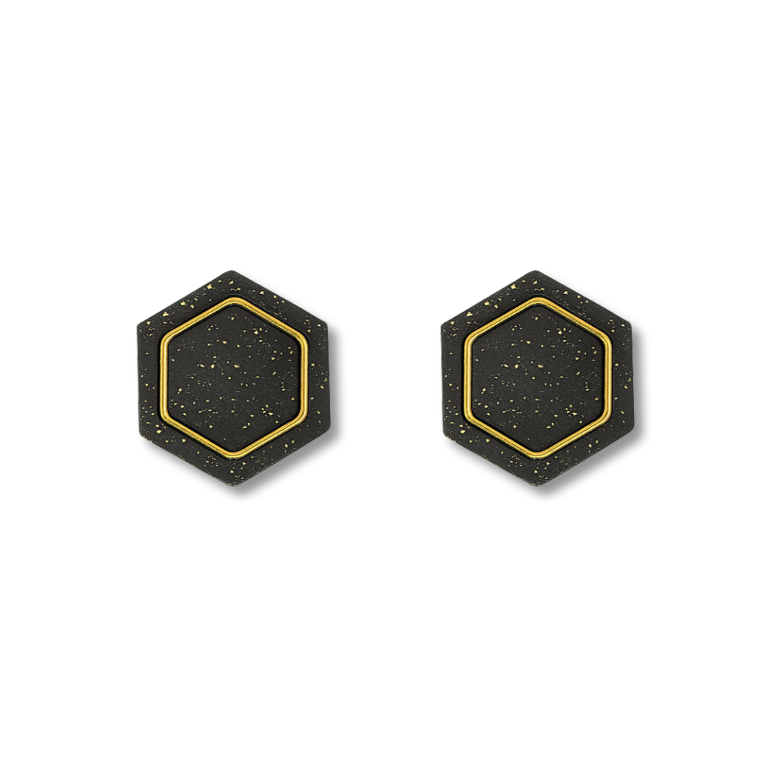 Black With Gold Specks Hexagon Stud Earrings – Metallic Accent Collection