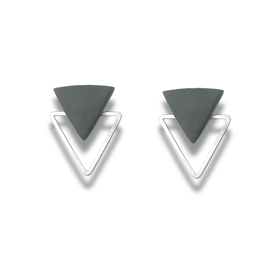 Dark Grey & Silver Triangle Dual-Layer Stud Earrings – Geometric Minimalist Collection